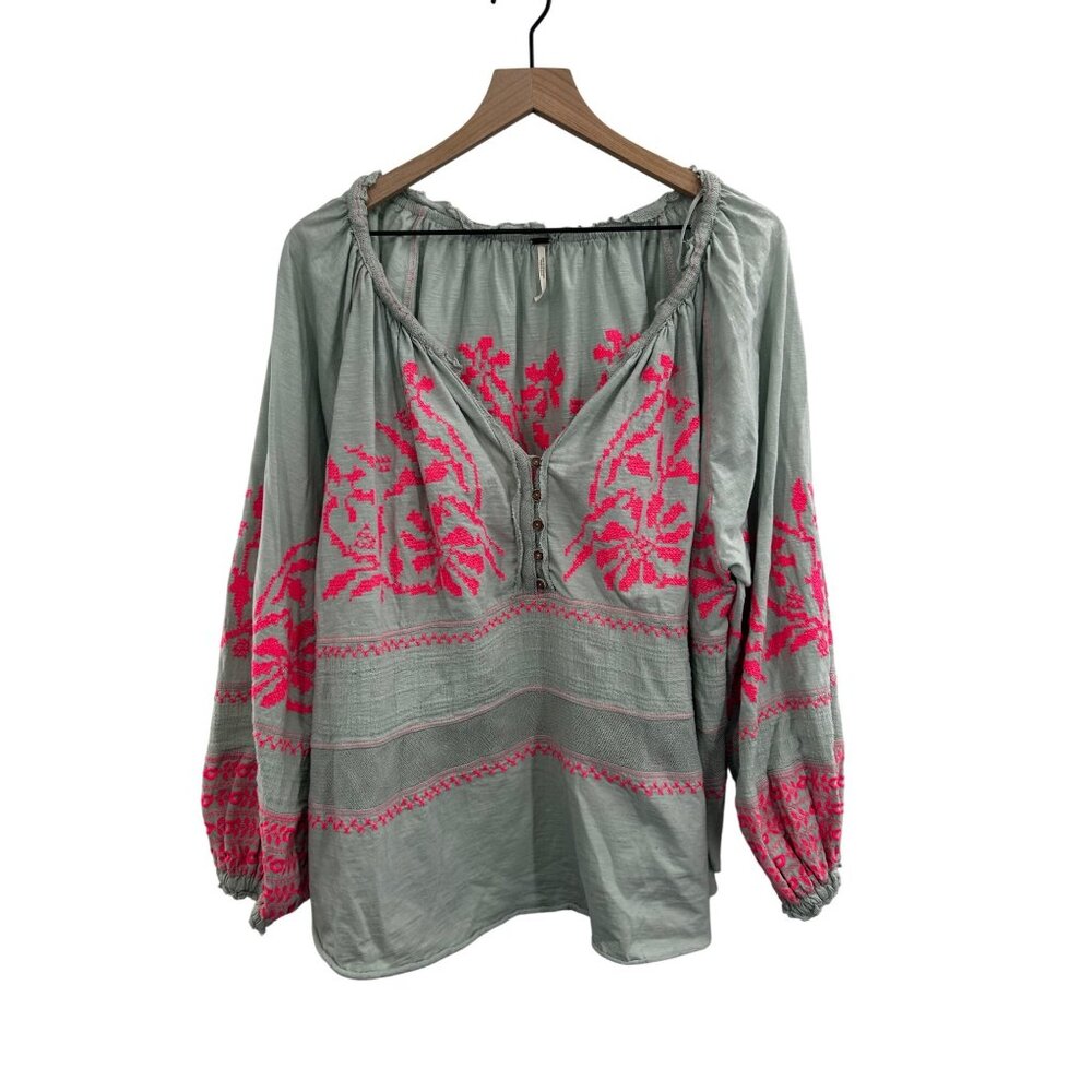 Free People Persuasion Embroidered Balloon Sleeve Top Oversized Bohemian LARGE